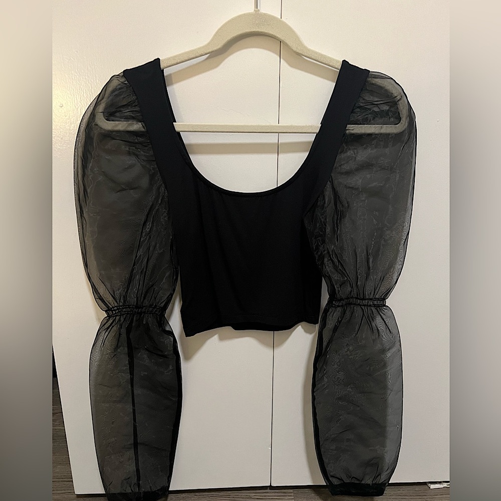 Black Going Out Blouse with Puffed Sheer Sleeves (H&M Divided, XS)